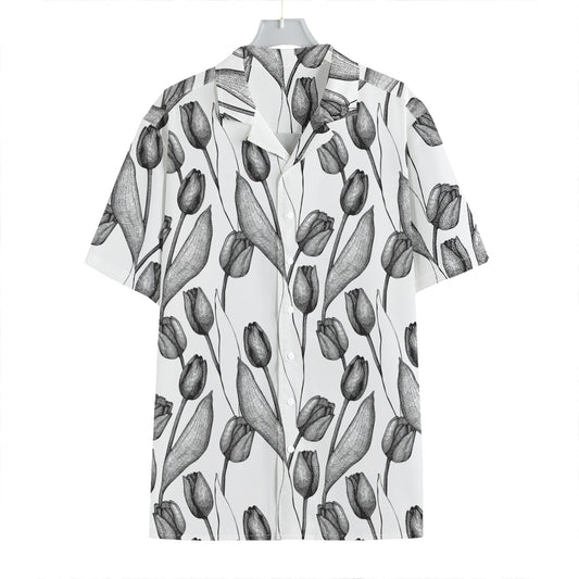 Black And White Tulip Pattern Print Hawaiian Shirt