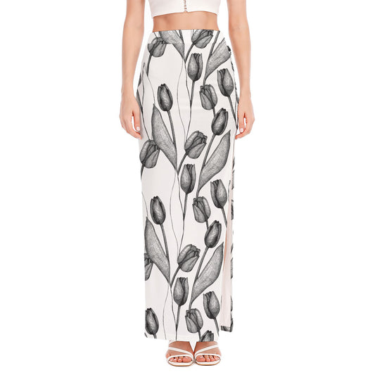 Black And White Tulip Pattern Print High Slit Maxi Skirt