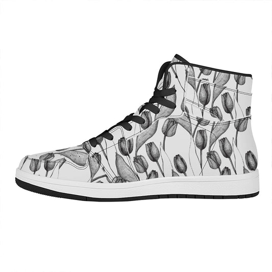 Black And White Tulip Pattern Print High Top Leather Sneakers