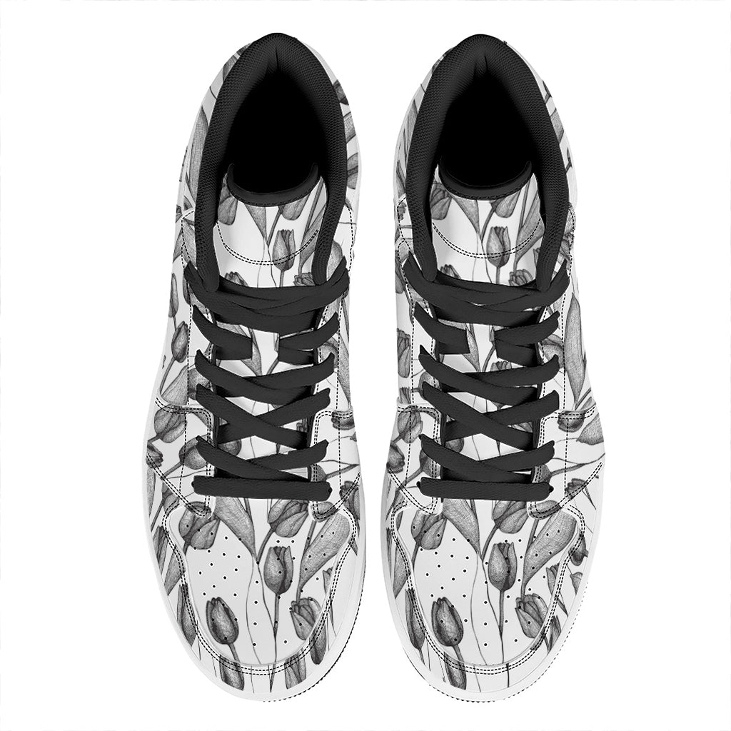 Black And White Tulip Pattern Print High Top Leather Sneakers