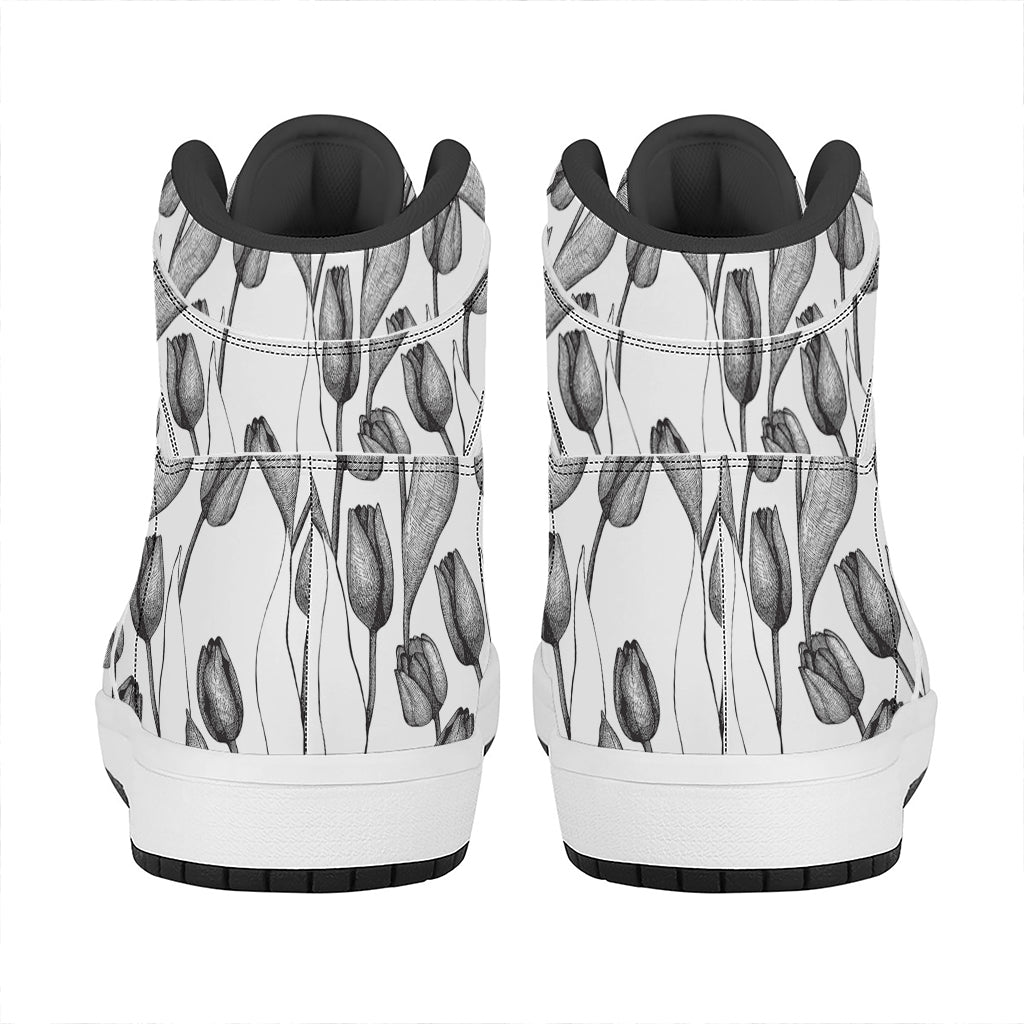 Black And White Tulip Pattern Print High Top Leather Sneakers