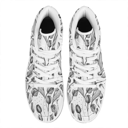 Black And White Tulip Pattern Print High Top Leather Sneakers