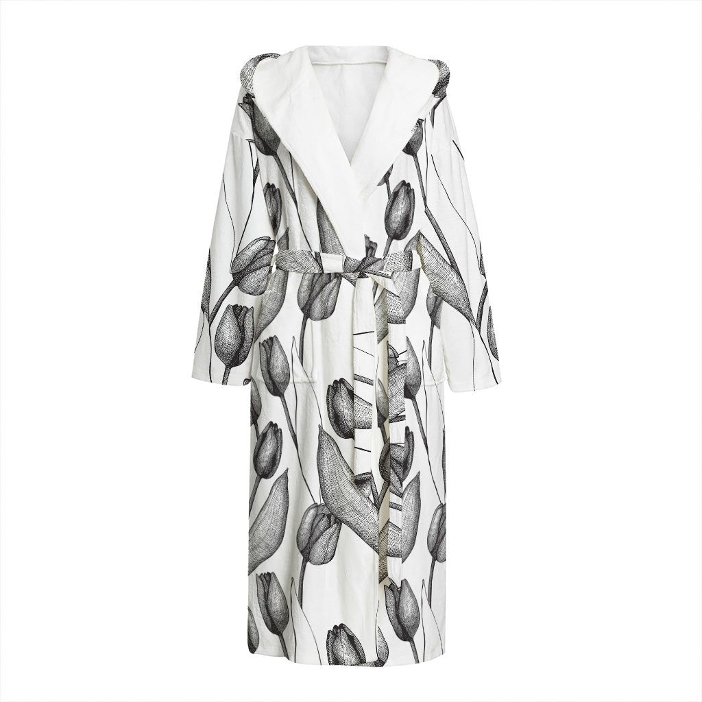Black And White Tulip Pattern Print Hooded Bathrobe