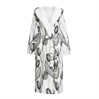 Black And White Tulip Pattern Print Hooded Bathrobe