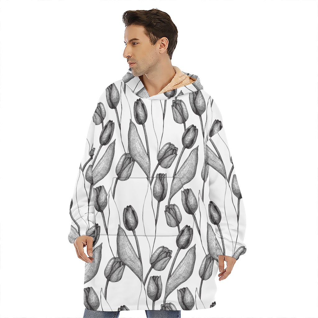 Black And White Tulip Pattern Print Hoodie Blanket