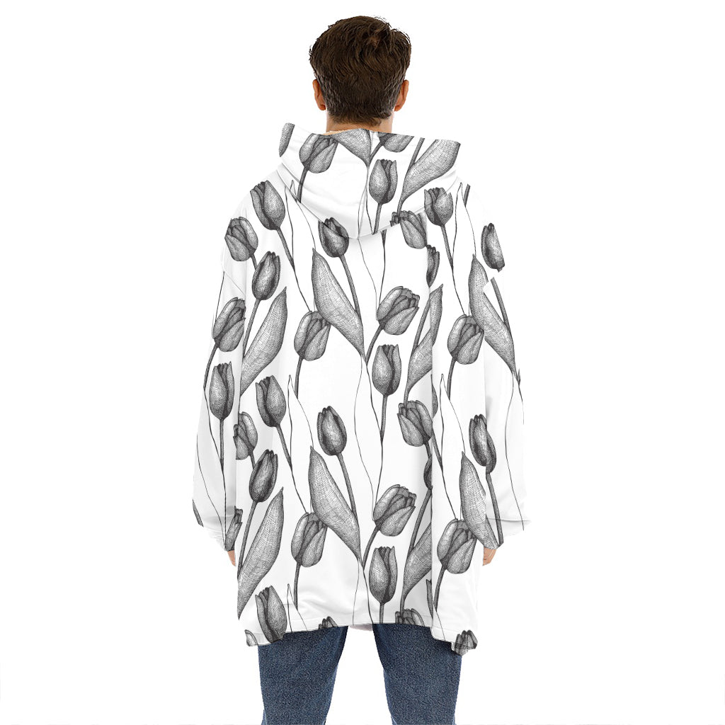 Black And White Tulip Pattern Print Hoodie Blanket