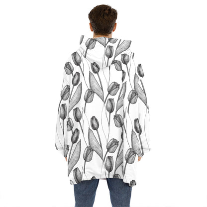 Black And White Tulip Pattern Print Hoodie Blanket