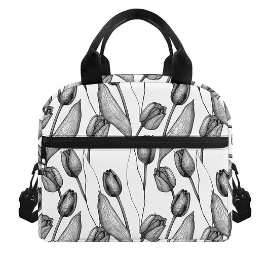 Black And White Tulip Pattern Print Insulated Lunch Bag