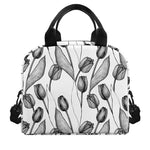Black And White Tulip Pattern Print Insulated Lunch Bag