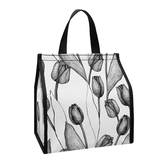 Black And White Tulip Pattern Print Insulated Lunch Tote