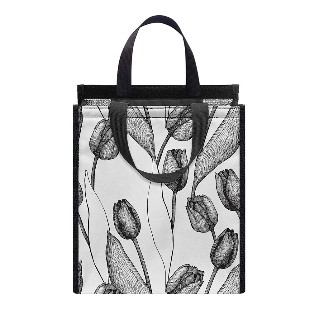 Black And White Tulip Pattern Print Insulated Lunch Tote