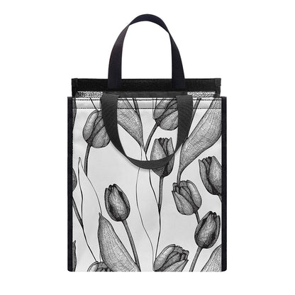 Black And White Tulip Pattern Print Insulated Lunch Tote