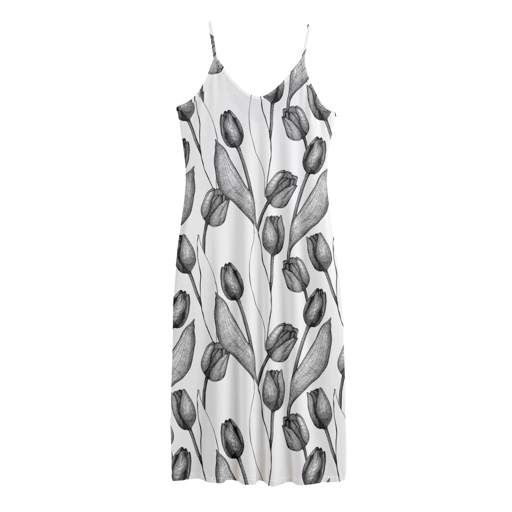 Black And White Tulip Pattern Print Jersey Midi Cami Dress