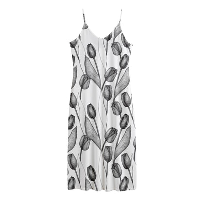 Black And White Tulip Pattern Print Jersey Midi Cami Dress