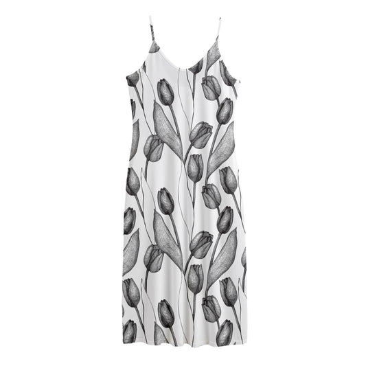 Black And White Tulip Pattern Print Jersey Midi Cami Dress