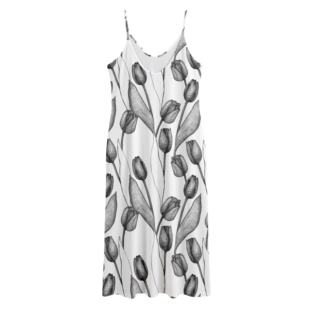 Black And White Tulip Pattern Print Jersey Midi Cami Dress