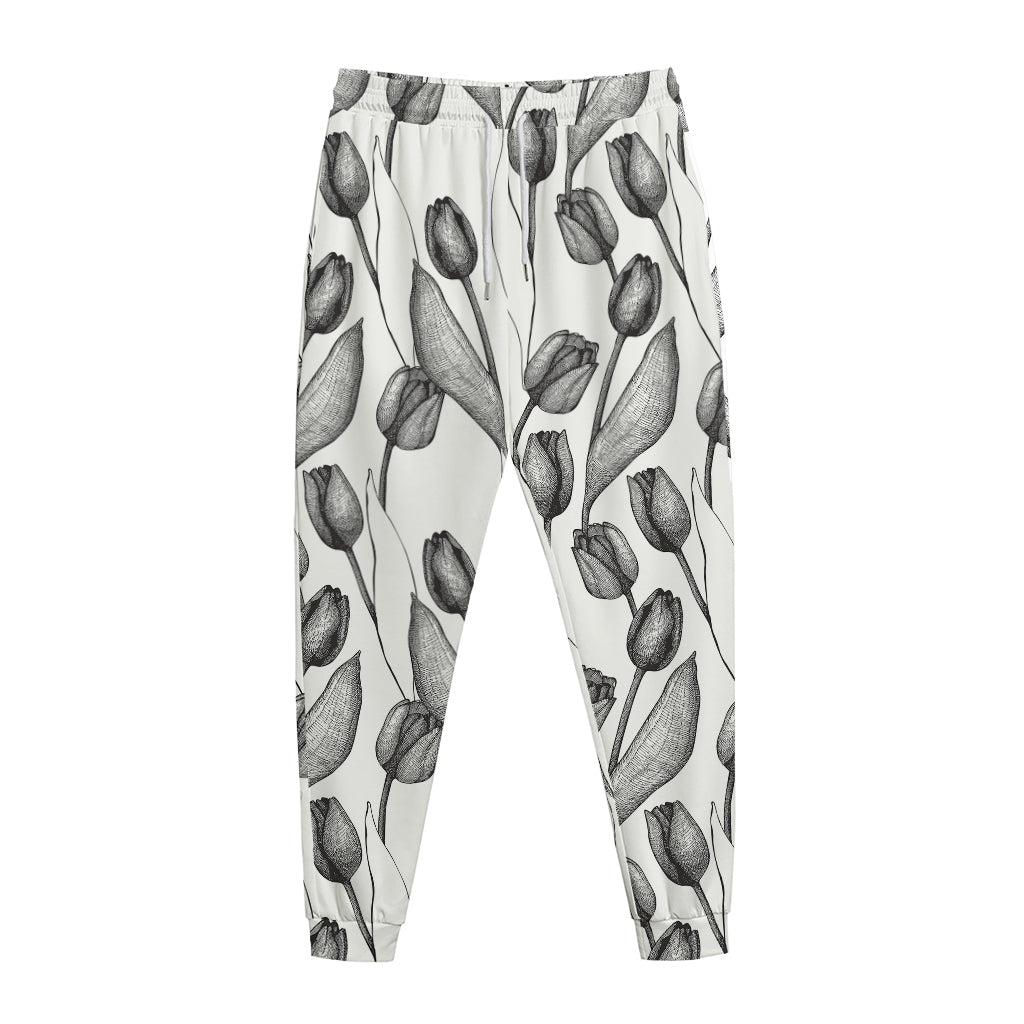 Black And White Tulip Pattern Print Jogger Pants