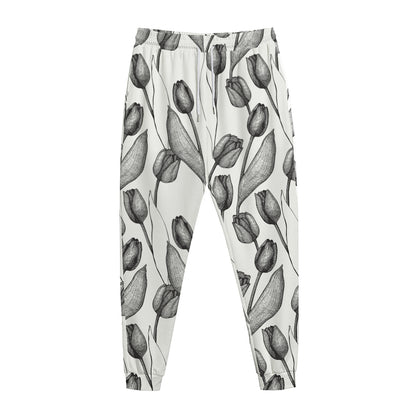 Black And White Tulip Pattern Print Jogger Pants