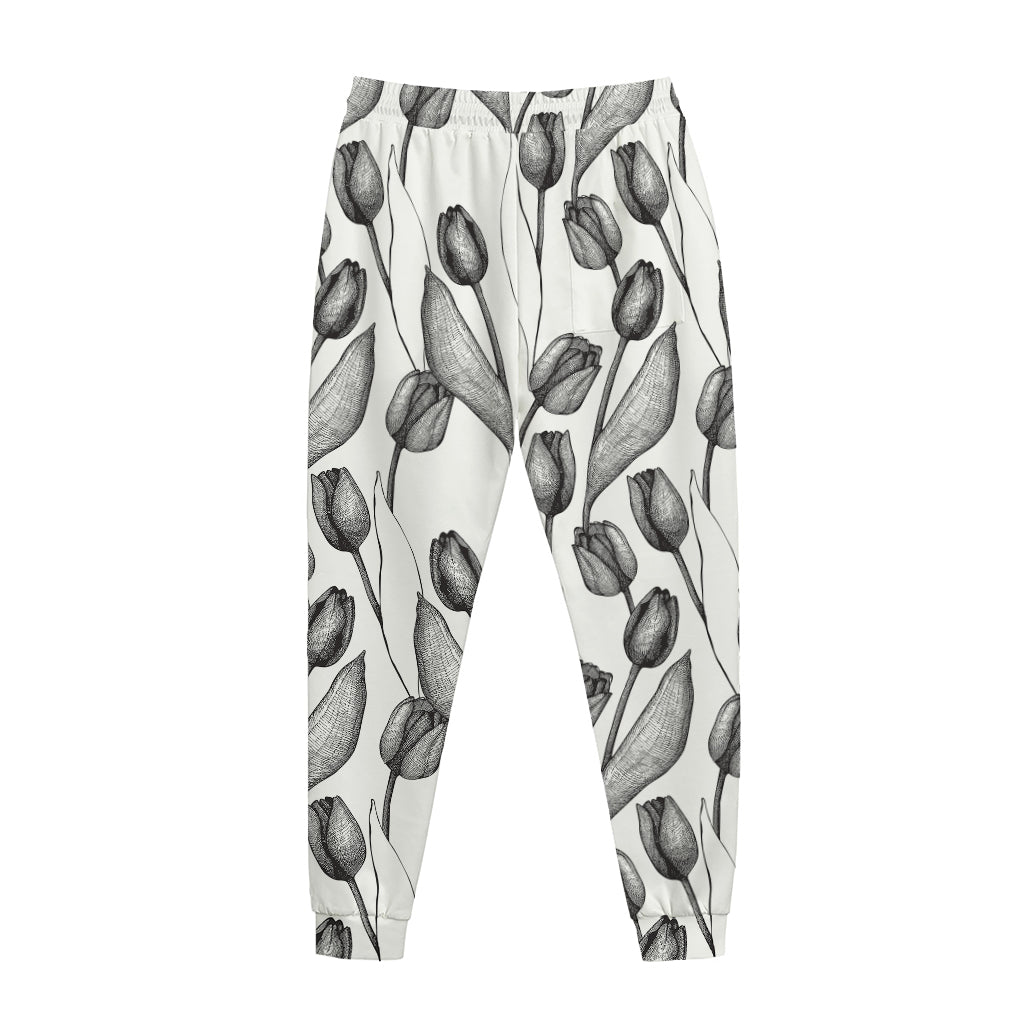Black And White Tulip Pattern Print Jogger Pants