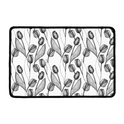 Black And White Tulip Pattern Print Kitchen Mat