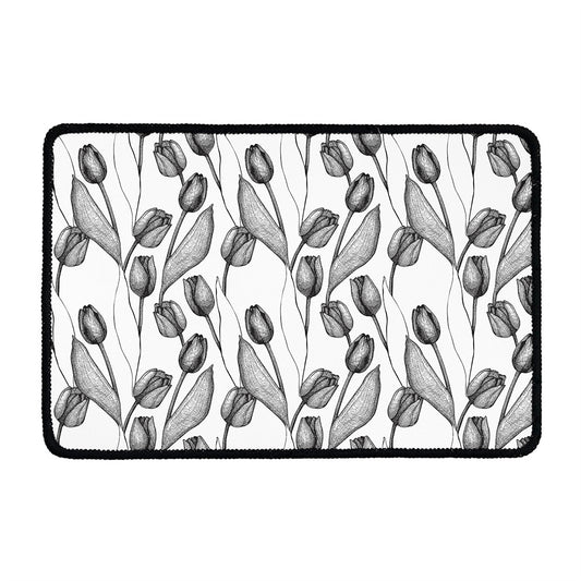 Black And White Tulip Pattern Print Kitchen Mat