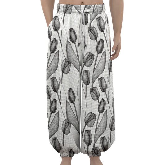 Black And White Tulip Pattern Print Lantern Pants