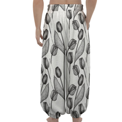 Black And White Tulip Pattern Print Lantern Pants