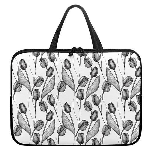 Black And White Tulip Pattern Print Laptop Sleeve With Handle