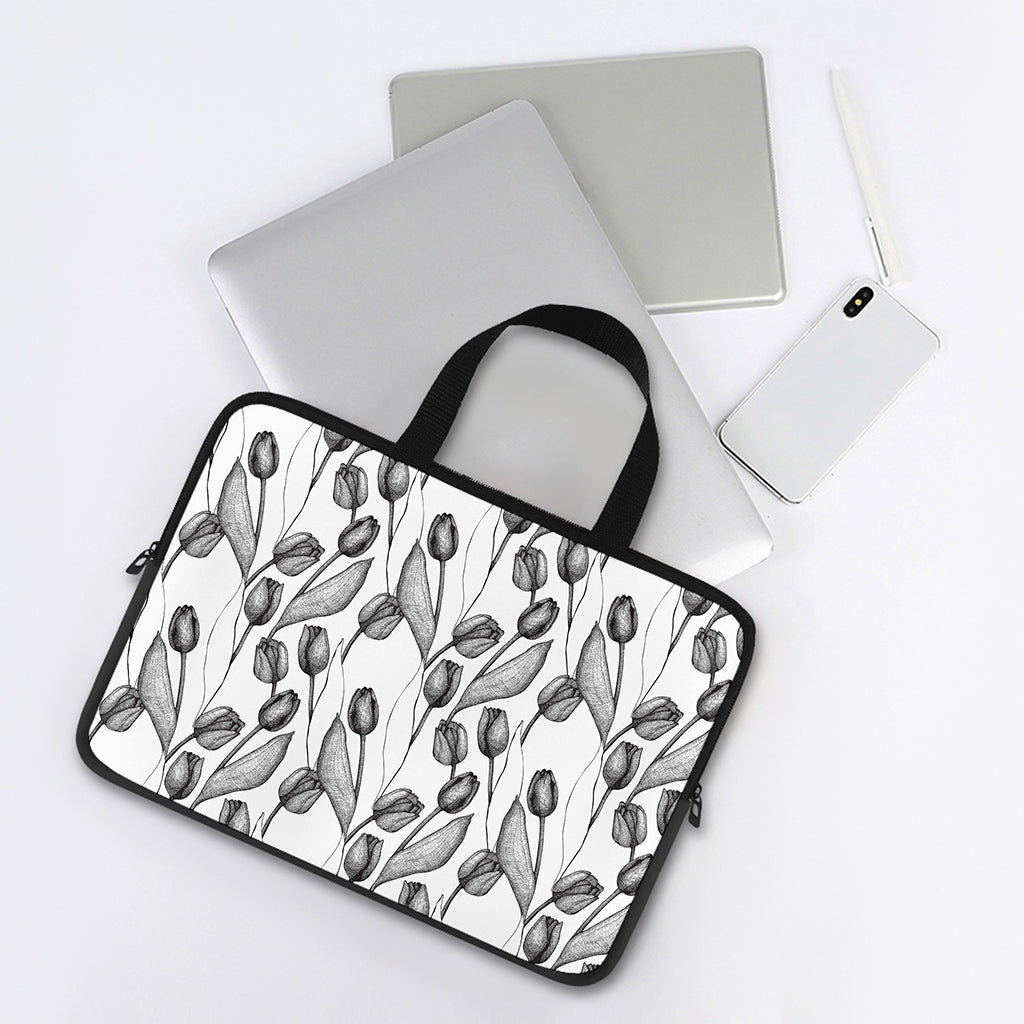 Black And White Tulip Pattern Print Laptop Sleeve With Handle