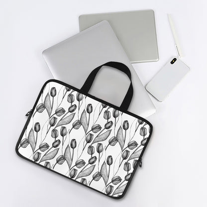 Black And White Tulip Pattern Print Laptop Sleeve With Handle