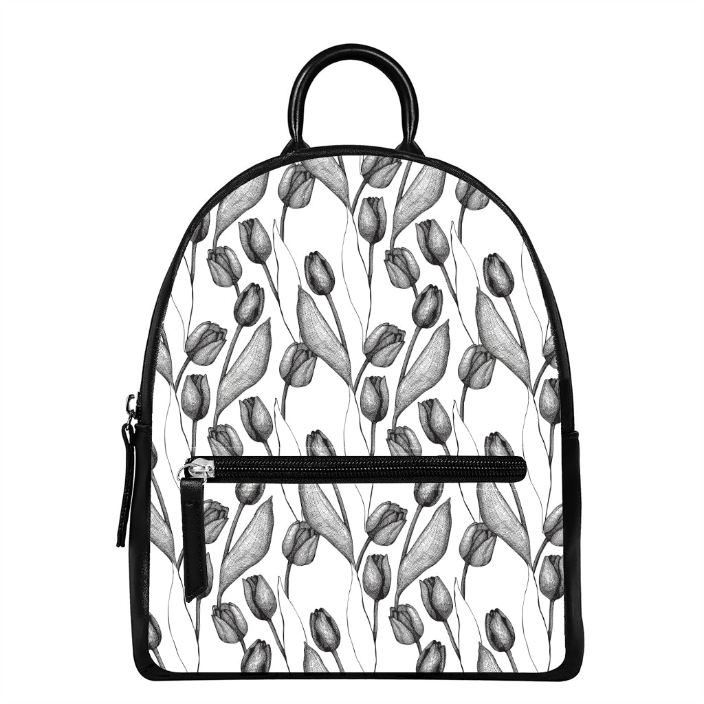 Black And White Tulip Pattern Print Leather Backpack