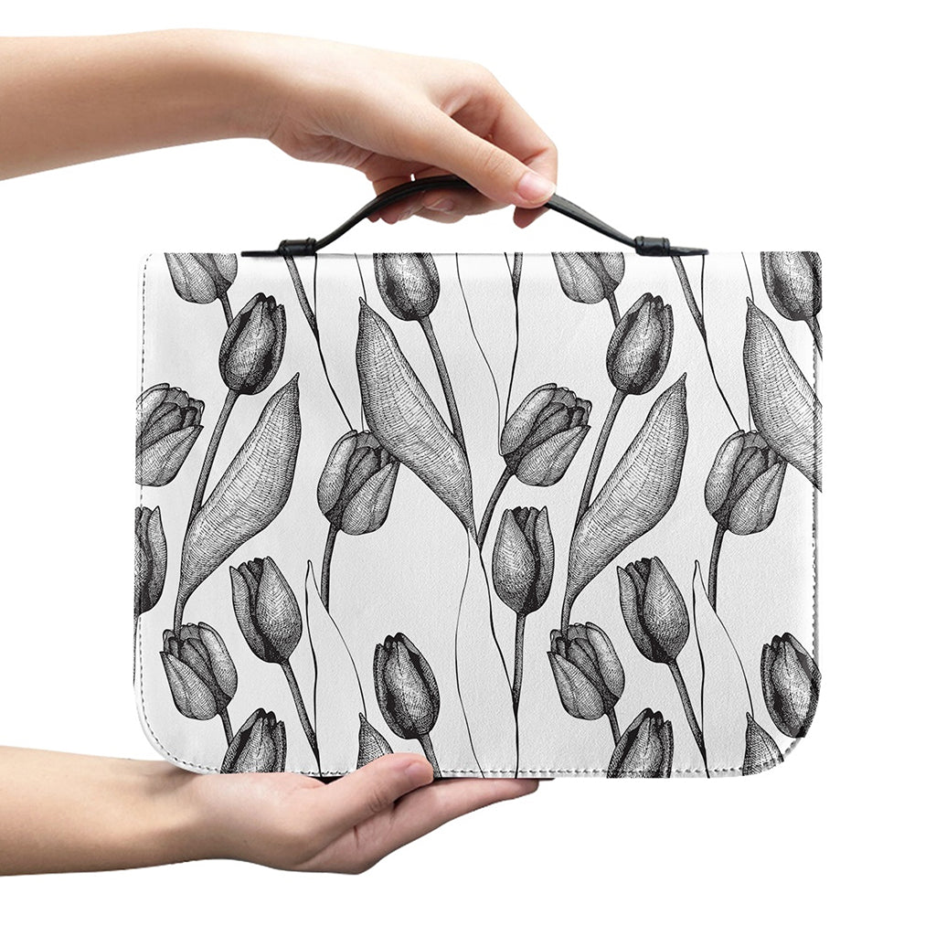 Black And White Tulip Pattern Print Leather Bible Cover