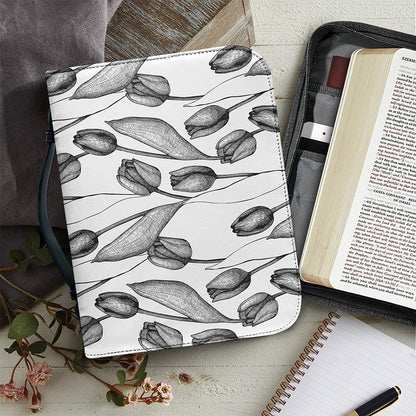 Black And White Tulip Pattern Print Leather Bible Cover