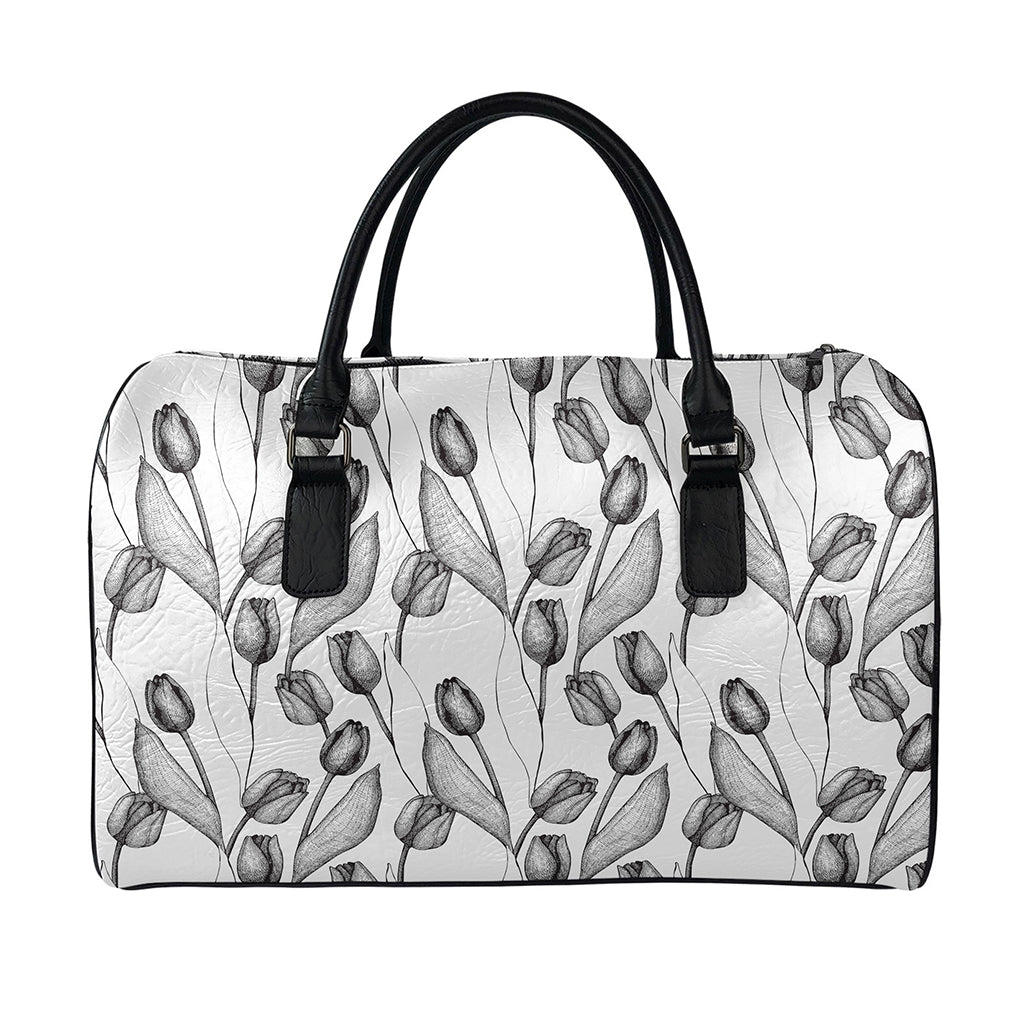 Black And White Tulip Pattern Print Leather Duffle Bag