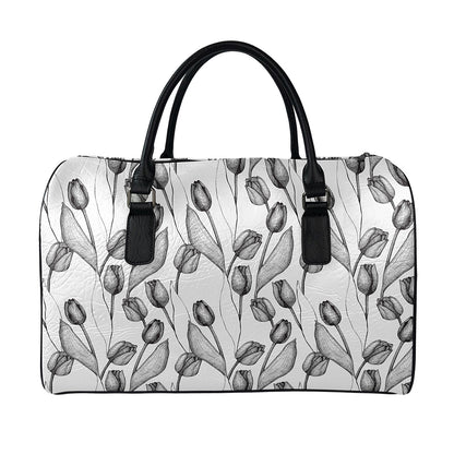 Black And White Tulip Pattern Print Leather Duffle Bag