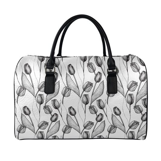 Black And White Tulip Pattern Print Leather Duffle Bag