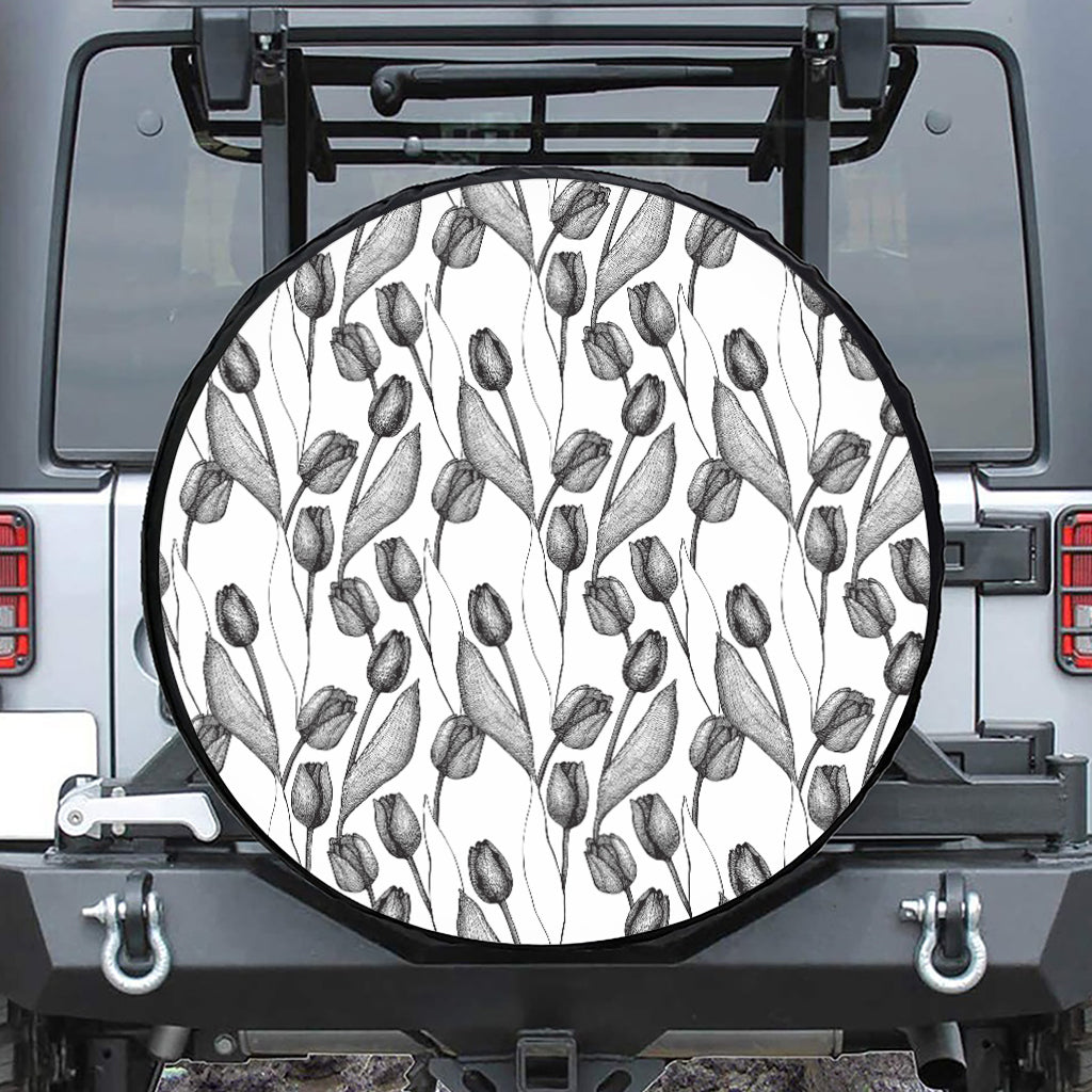 Black And White Tulip Pattern Print Leather Spare Tire Cover