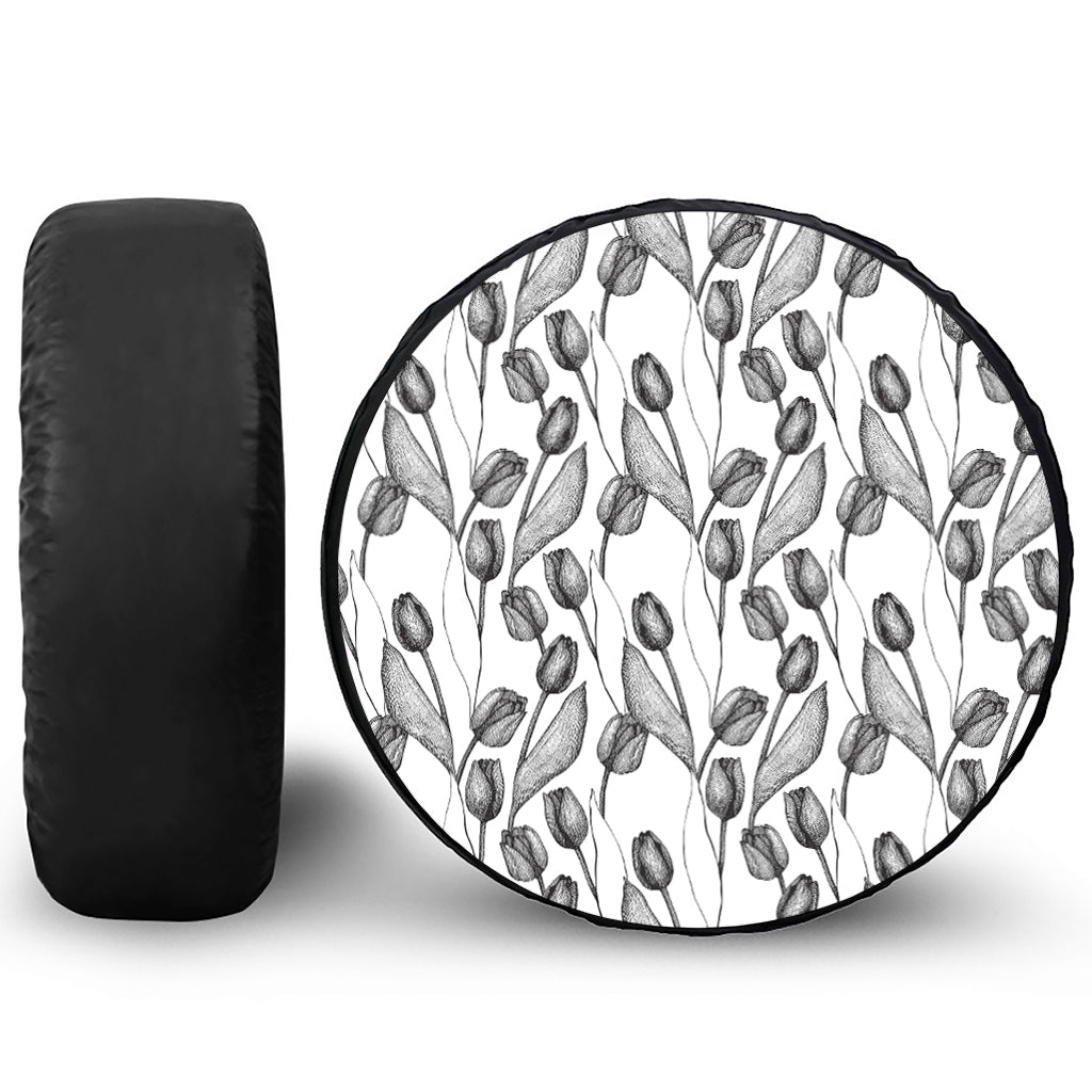 Black And White Tulip Pattern Print Leather Spare Tire Cover