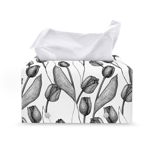 Black And White Tulip Pattern Print Leather Tissue Box Cover