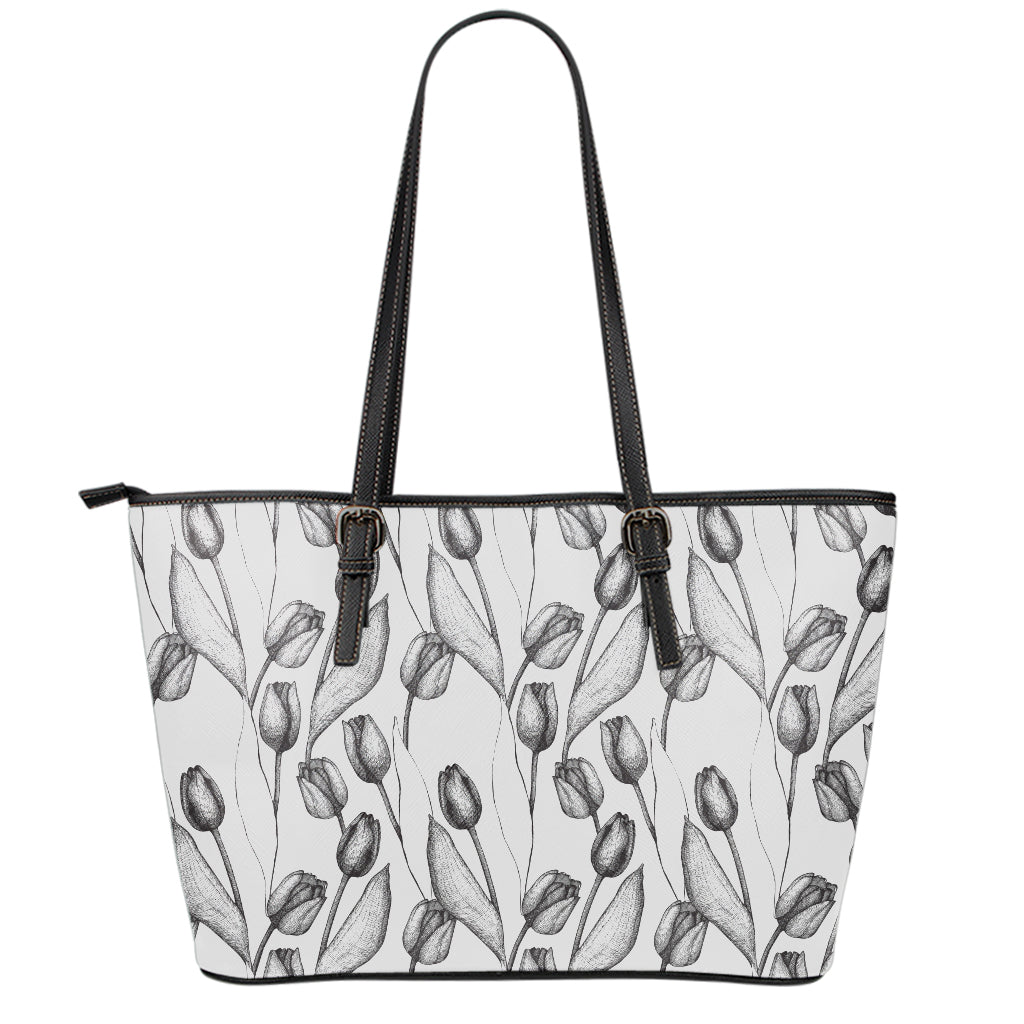 Black And White Tulip Pattern Print Leather Tote Bag