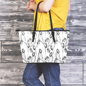 Black And White Tulip Pattern Print Leather Tote Bag