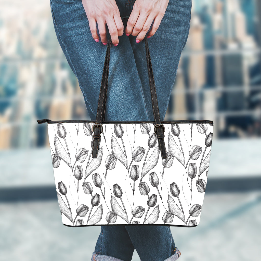 Black And White Tulip Pattern Print Leather Tote Bag