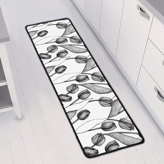 Black And White Tulip Pattern Print Long Kitchen Mat