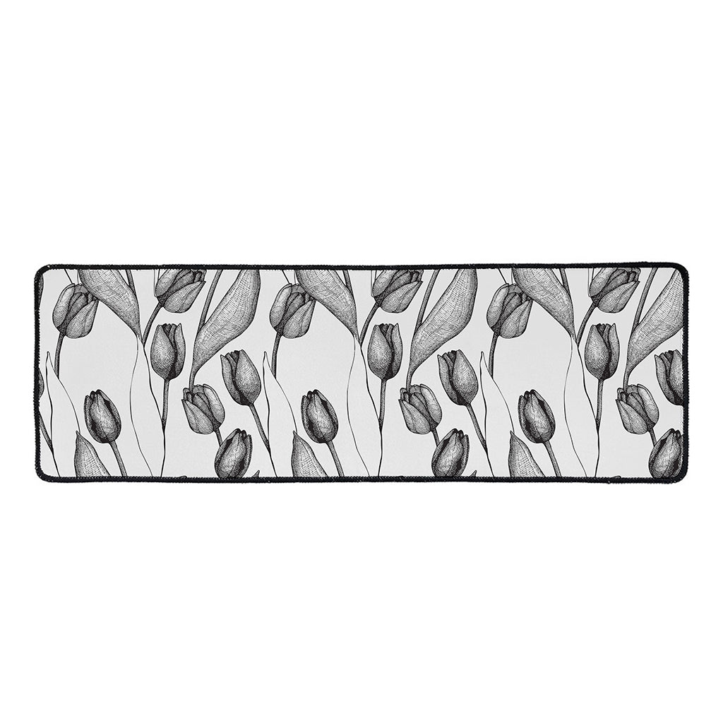Black And White Tulip Pattern Print Long Kitchen Mat