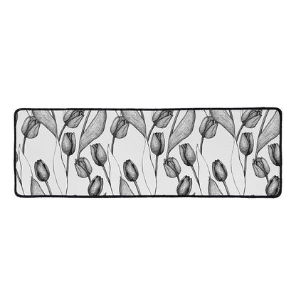 Black And White Tulip Pattern Print Long Kitchen Mat