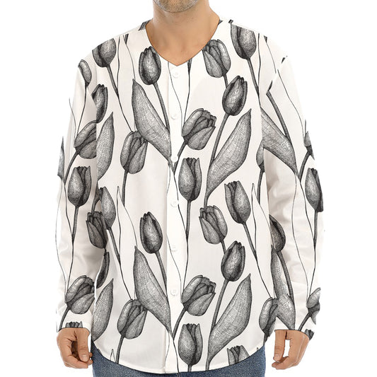 Black And White Tulip Pattern Print Long Sleeve Baseball Jersey