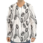 Black And White Tulip Pattern Print Long Sleeve Baseball Jersey