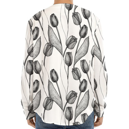 Black And White Tulip Pattern Print Long Sleeve Baseball Jersey