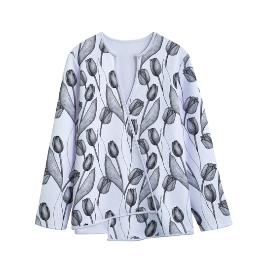 Black And White Tulip Pattern Print Long Sleeve Short Coat