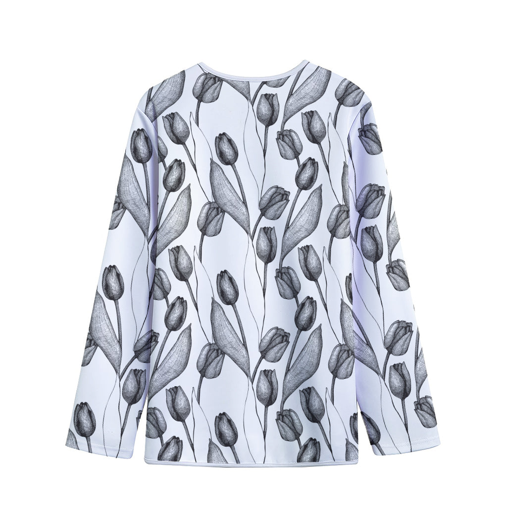 Black And White Tulip Pattern Print Long Sleeve Short Coat